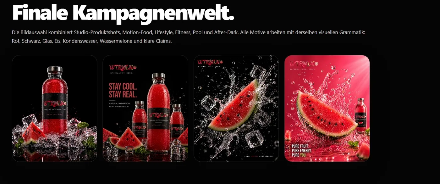 Campaign Board — Logo, Produkt und Motive als Systemübersicht.