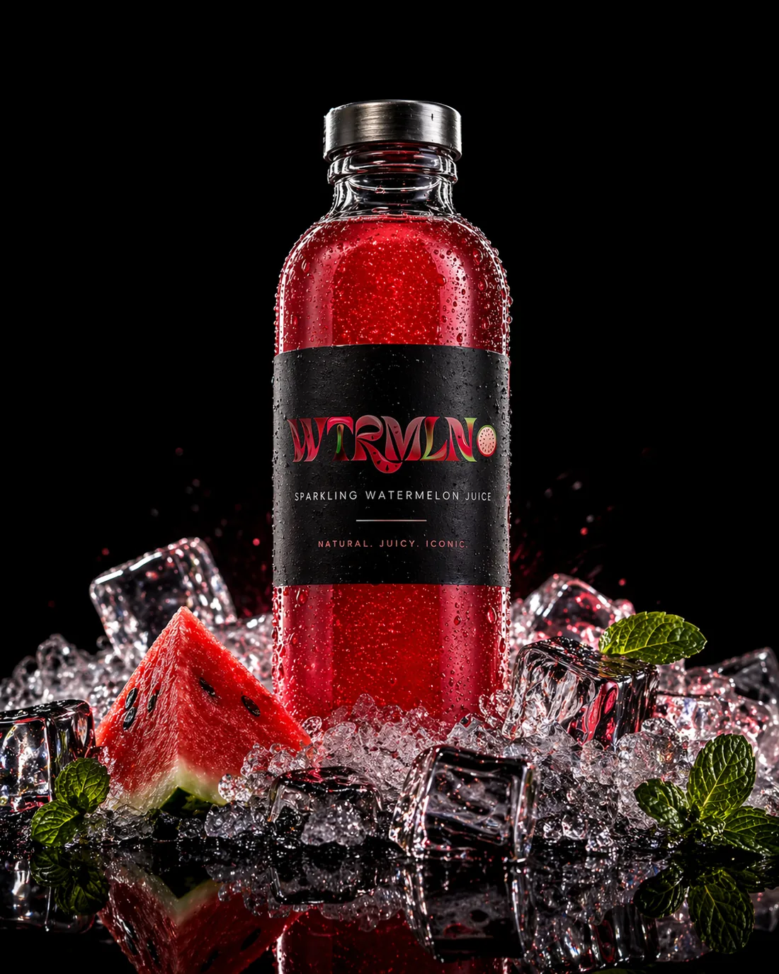 Studio Ice Hero — Flasche, Eis, Minze und Wassermelone als Hero-Still.